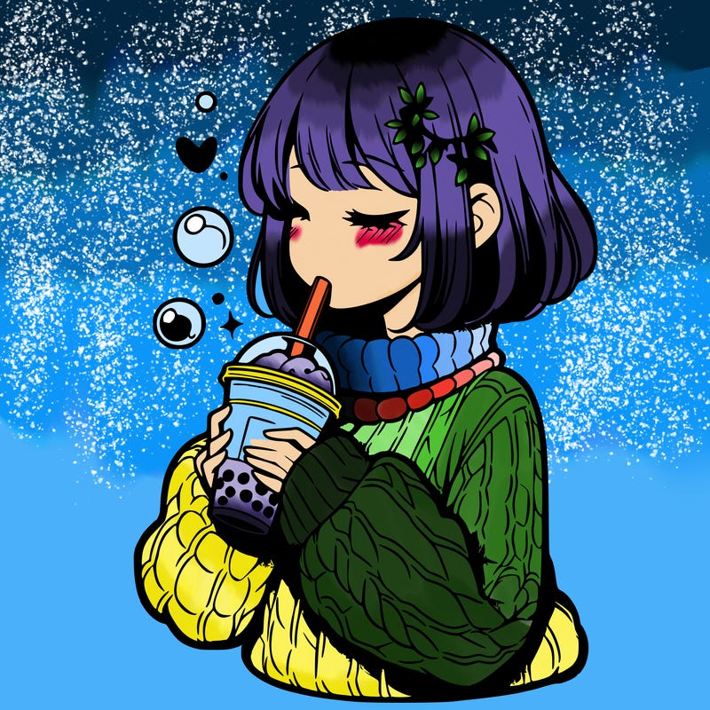 manga girl drinking boba in cozy sweater
