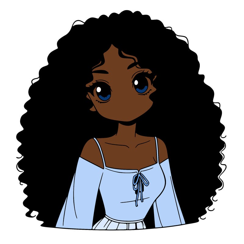 a black anime girl with long afro hair