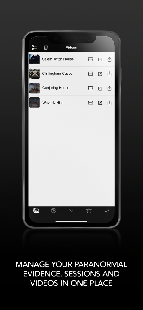 GhostTube SLS Camera - A screen showing a list of recorded paranormal investigation videos with location names like Salem Witch House.