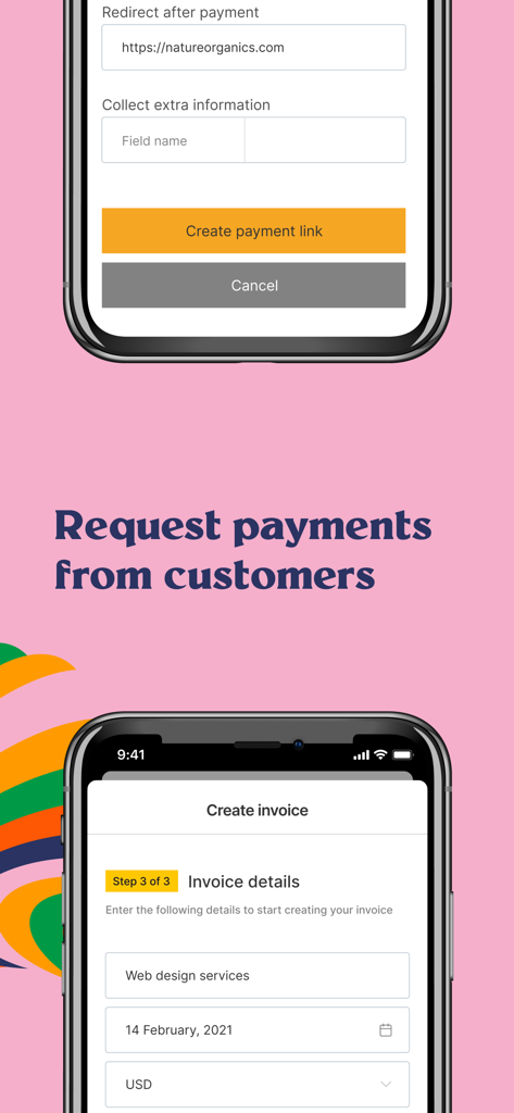 Flutterwave - Mobile app screens for creating invoices and payment links to request payments from customers
