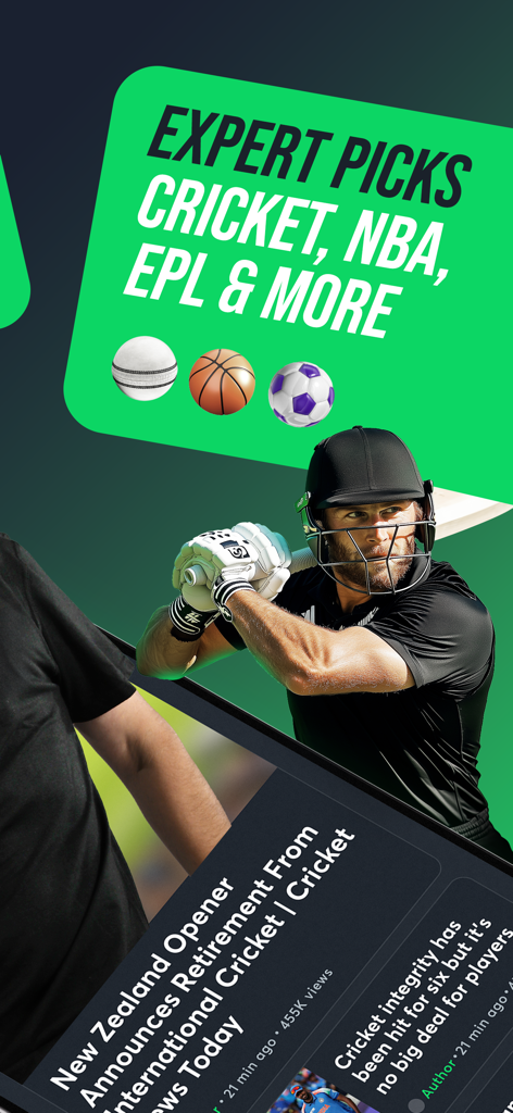 SB LIVE - Sports Scores & News - SB LIVE App-Oberfläche mit Experten-Sporttipps und Cricket-Nachrichten-Schlagzeilen