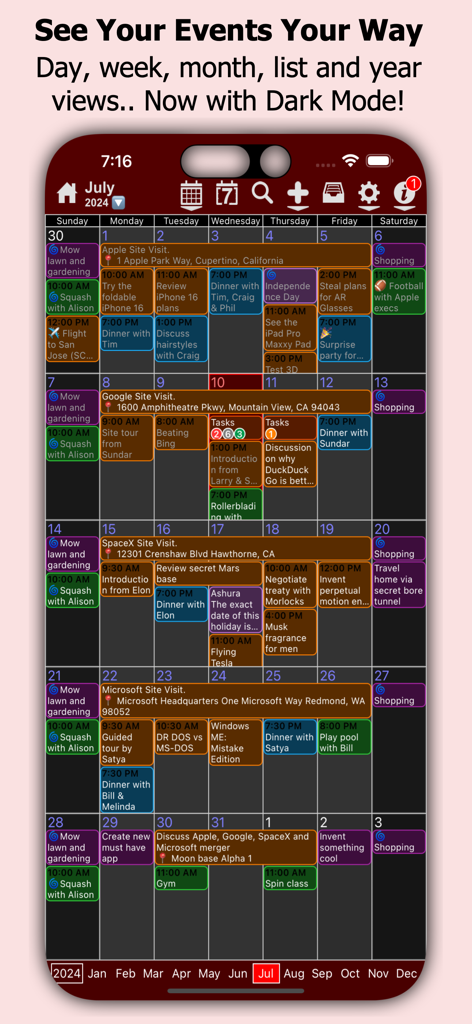 myCal PRO Planner - myCal PRO Planner 앱이 다크 모드에서 텍스트 이벤트가 있는 색상 코딩된 월간 캘린더 보기를 보여줍니다.