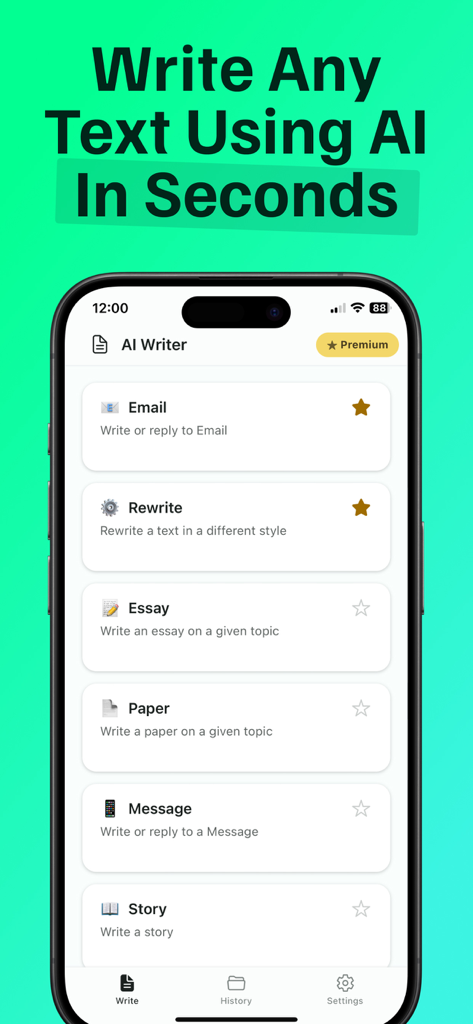 Texting AI Message Generator - AI message generator app interface on an iPhone with options for email rewrite and essay writing