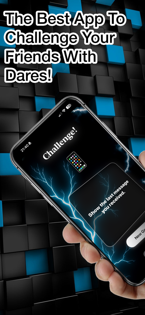 Touch Shock: Friends Roulette - A hand holding an iPhone displaying a dare challenge from the Touch Shock Friends Roulette app with a lightning effect background.