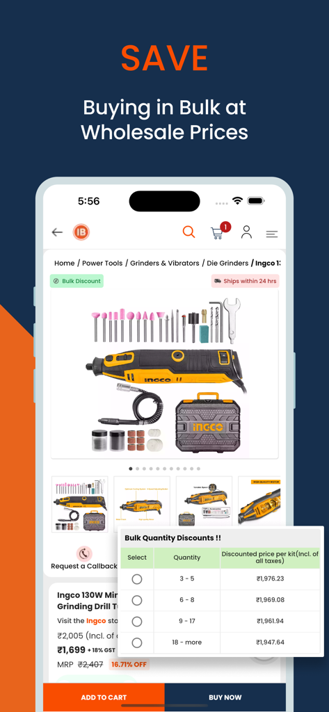 Industrybuying Online Shopping - Interfaz de la aplicación Industrybuying mostrando descuentos por cantidad y precios de mayorista para herramientas industriales.