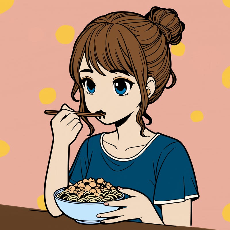 a realistic girl, eating food