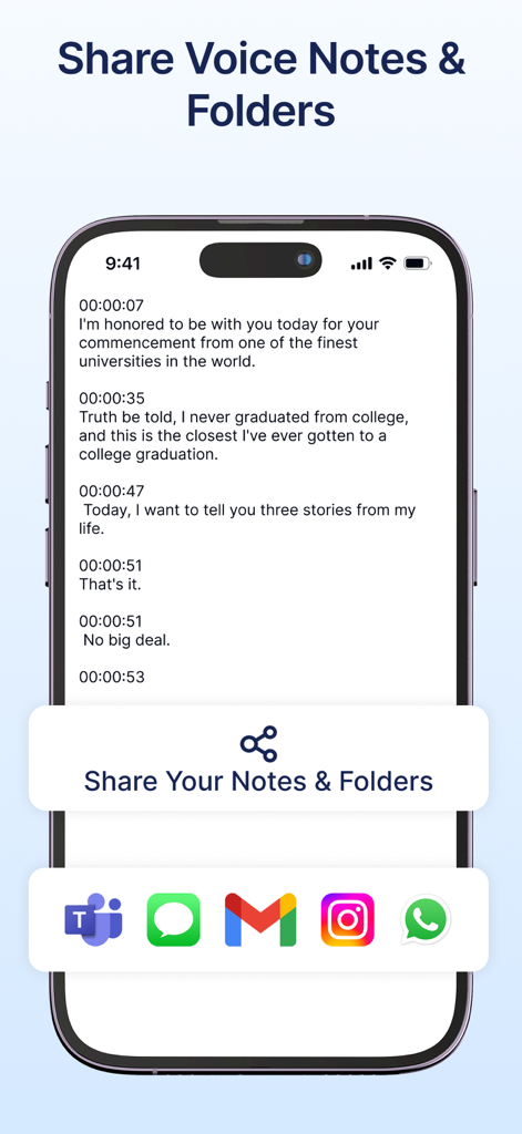 Smartphone screen showing a text transcription with a sharing menu featuring icons for Microsoft Teams Gmail and WhatsApp