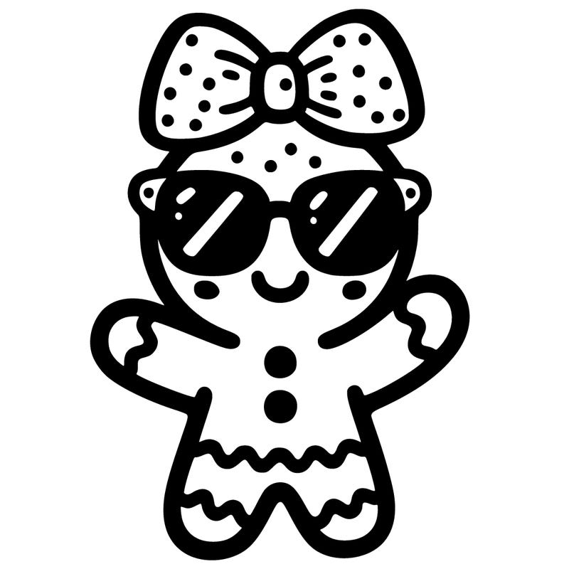 cute female gingerbread man with sunglasses on top of her head like a headband