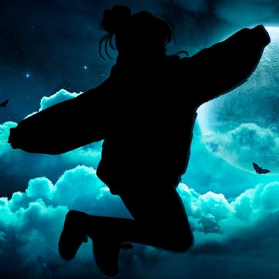 realistic girl jumping with a bun and oversized sweatshirt