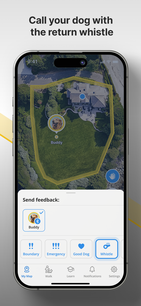 Pantalla de la aplicación Halo Collar que muestra a un perro dentro de una valla virtual y un botón de comando de silbato.