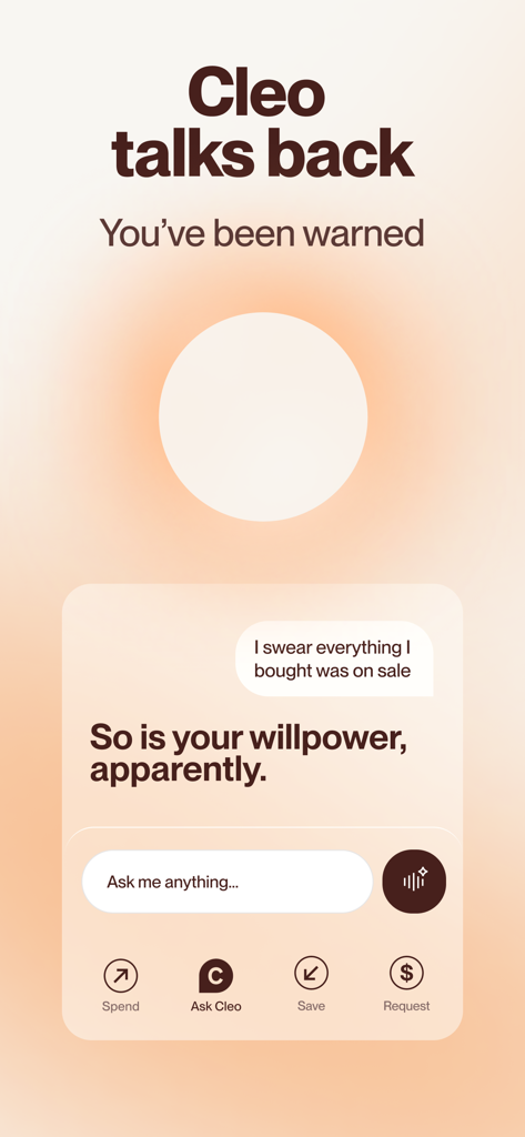 Interface do aplicativo móvel Cleo AI mostrando uma interação de chat humorística onde a IA analisa os hábitos de gastos de um usuário.