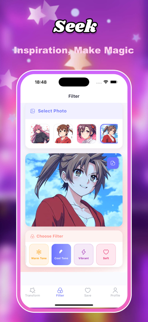 Interface do aplicativo Geko mostrando uma transformação de personagem anime com opções de seleção de filtro como Tom Quente e Tom Frio.