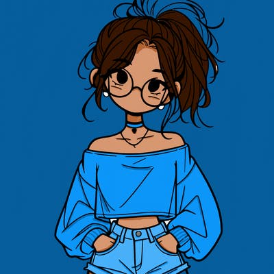 girl with a messy ponytail glasses a baggy crop top and jean shorts