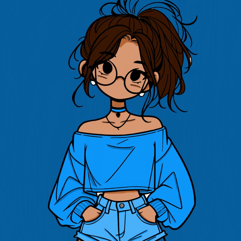 girl with a messy ponytail glasses a baggy crop top and jean shorts