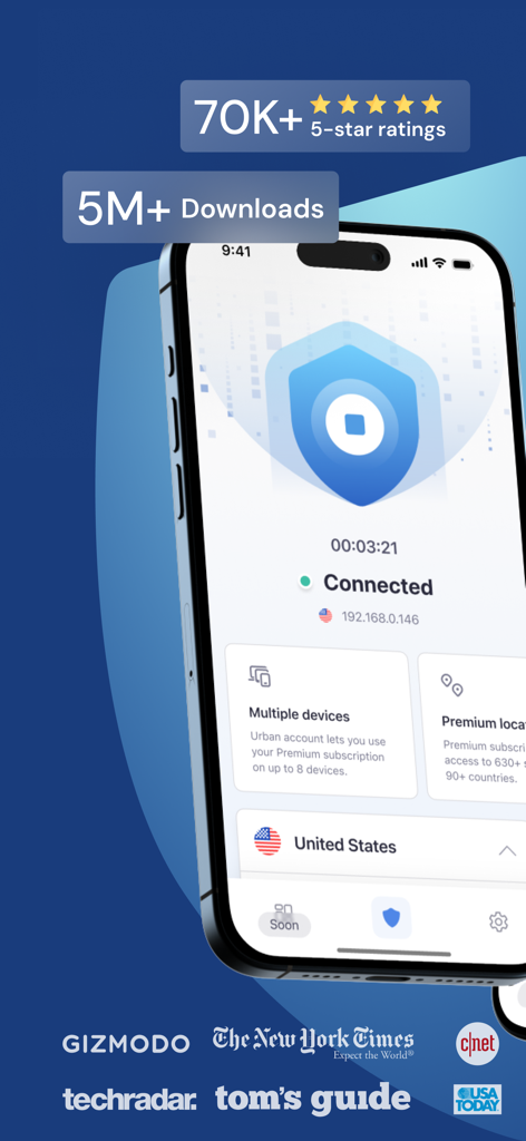 Urban VPN - Urban VPN mobile app interface on an iPhone showing a secure connection status with high ratings and download statistics