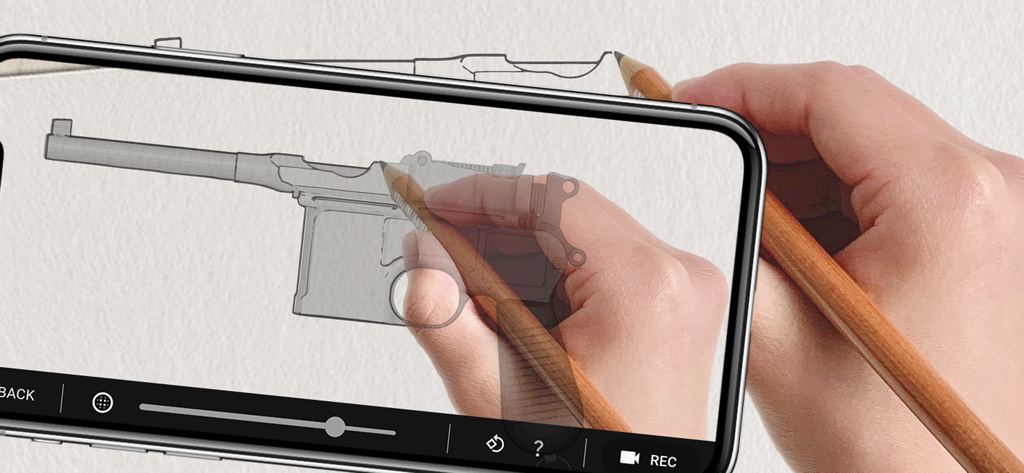 Gun Maker : pimp my weapon - A hand drawing a vintage pistol on a smartphone screen using the Gun Maker app