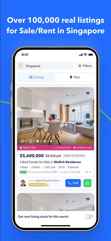 99.co Singapore Property, HDBs - 99.co mobile app interface showing a luxury condo listing for sale in Singapore