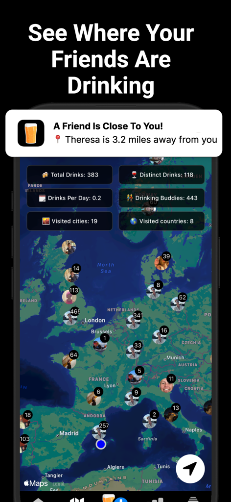 Beer Buddy - Friends Alerts - A live map in the Beer Buddy app showing friends locations and real time drinking alerts