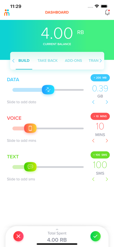 Interface of the Mamen app showing sliders to customize data voice and text usage for a mobile plan