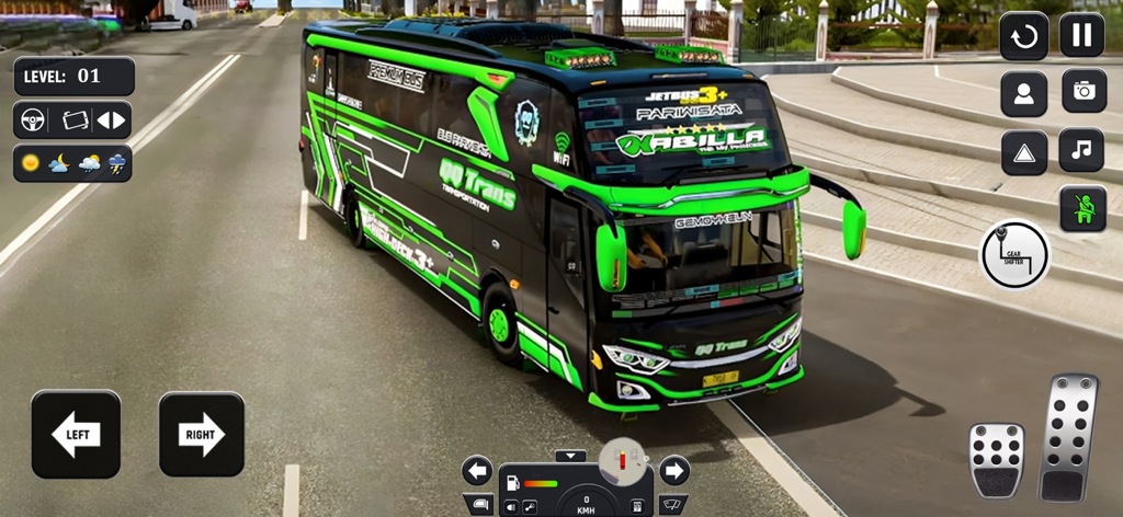 Jugabilidad de Modern City Bus Simulator con un autobús negro y verde neón y controles en pantalla
