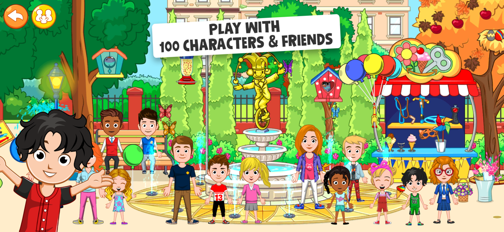 My Town World: Doll House Life - Diverse cartoon characters gathered in a park in My Town World