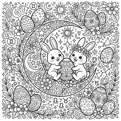 Dive into a whimsical world where adorable Easter bunnies meet sparkling celestial patterns. This intricate coloring page blends holiday joy with cosmic wonder, perfect for a relaxing artistic escape.