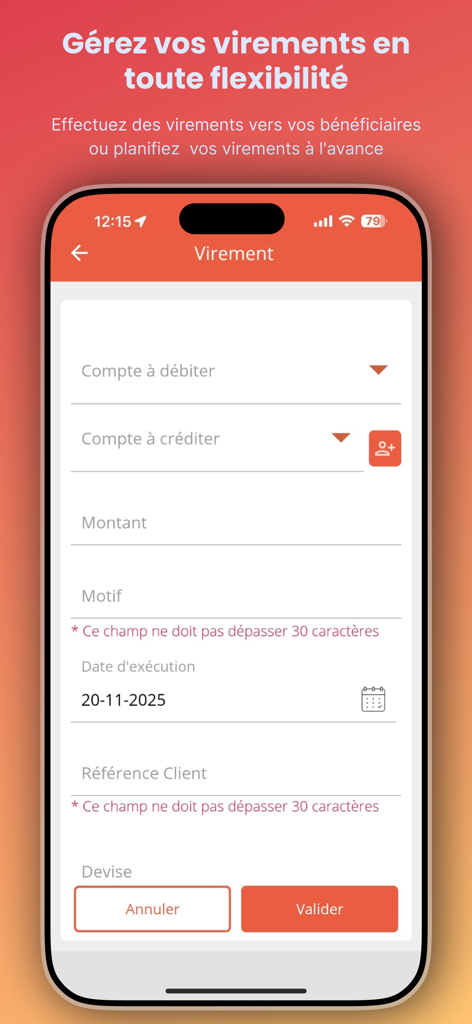 Pantalla de la aplicación BIM Mobile Banking que muestra un formulario de transferencia de dinero con campos para cuenta de débito, monto y fecha.