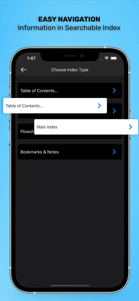 ECG Interpretation: Pkt Guide - ECG Interpretation app screen showing navigation options for Table of Contents and Main Index