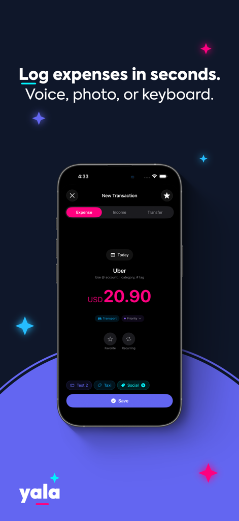 Smartphone-Bildschirm mit der Yala-App-Oberfläche zur manuellen Erfassung einer neuen Uber-Ausgabe