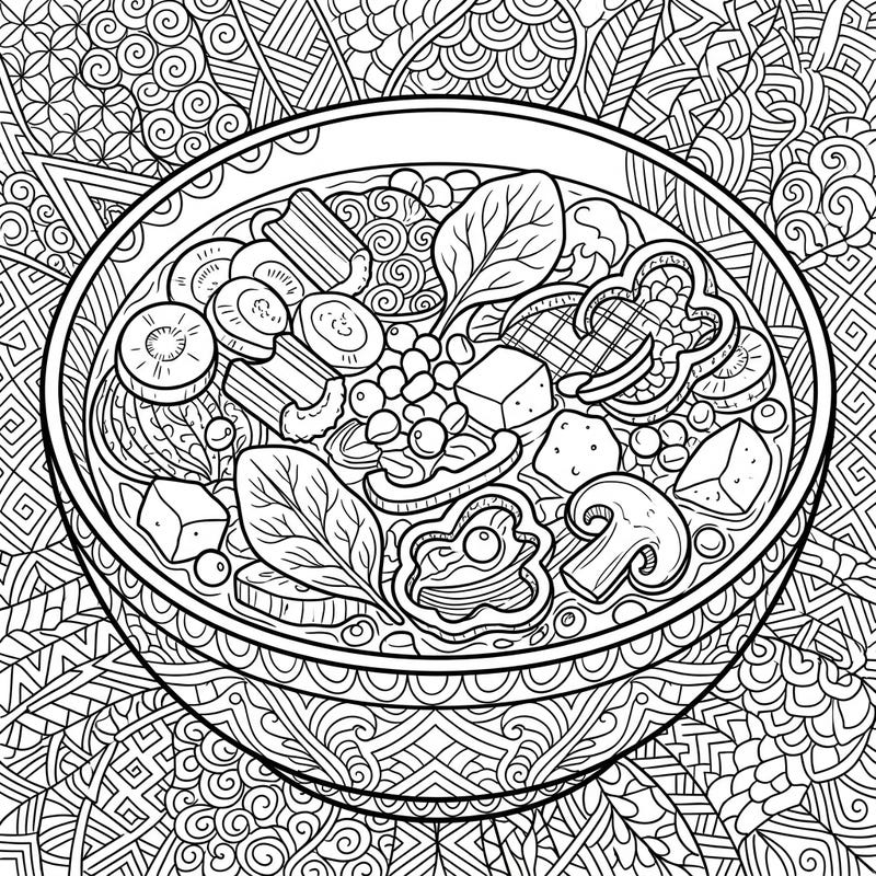 Explore the delicious world of healthy eating with a creative twist on this Zentangle vegetable soup coloring page. Each ingredient is a canvas for intricate patterns, offering a unique and relaxing coloring experience.