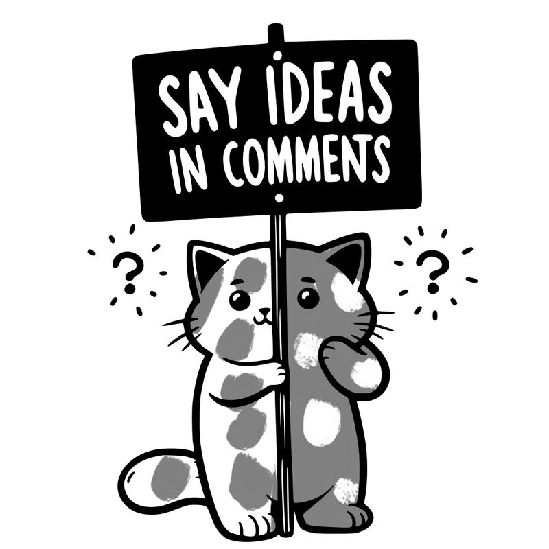 cat holding sign that says say ideas in comments