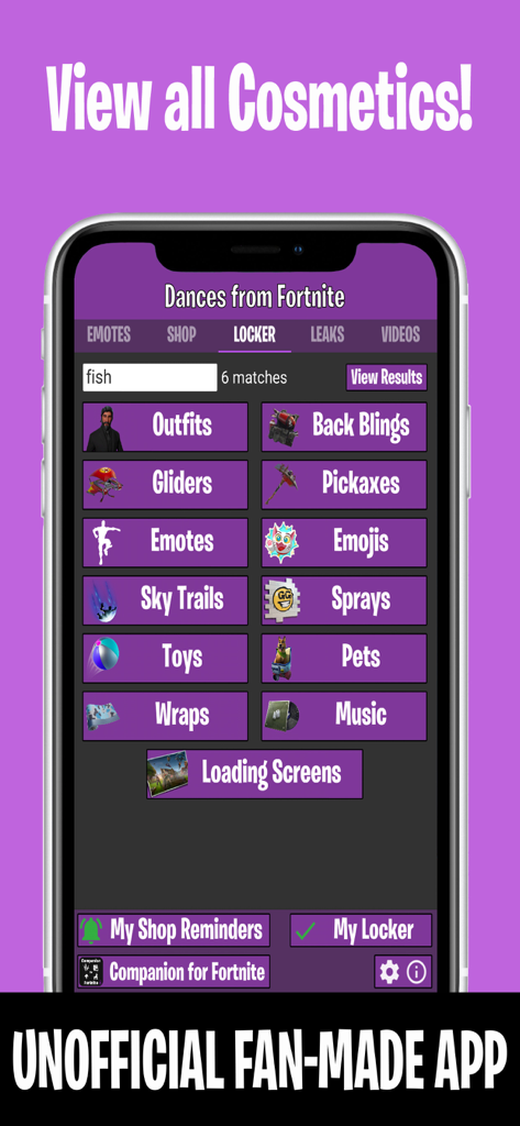 Dances from Fortnite - Interface of the Dances from Fortnite app showing different cosmetic categories in the locker section