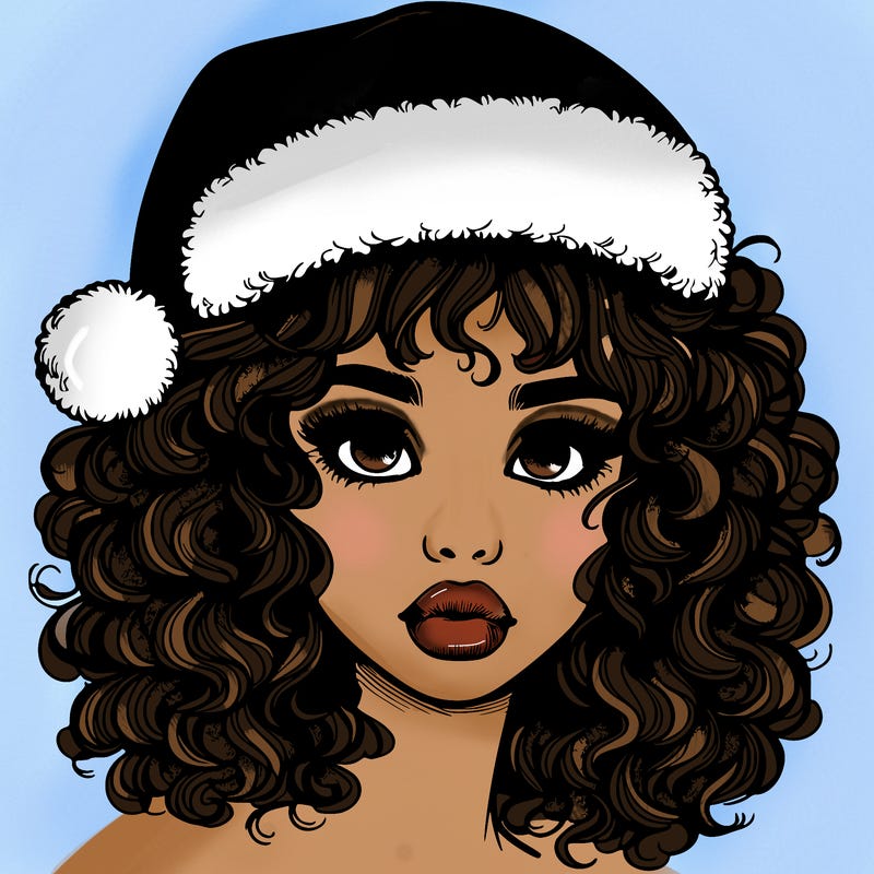 realistic girl with a santa hat curly hair and lips