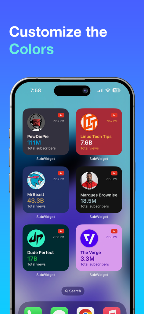 SubWidget - Widget for YouTube - iPhone home screen featuring colorful YouTube subscriber and view count widgets
