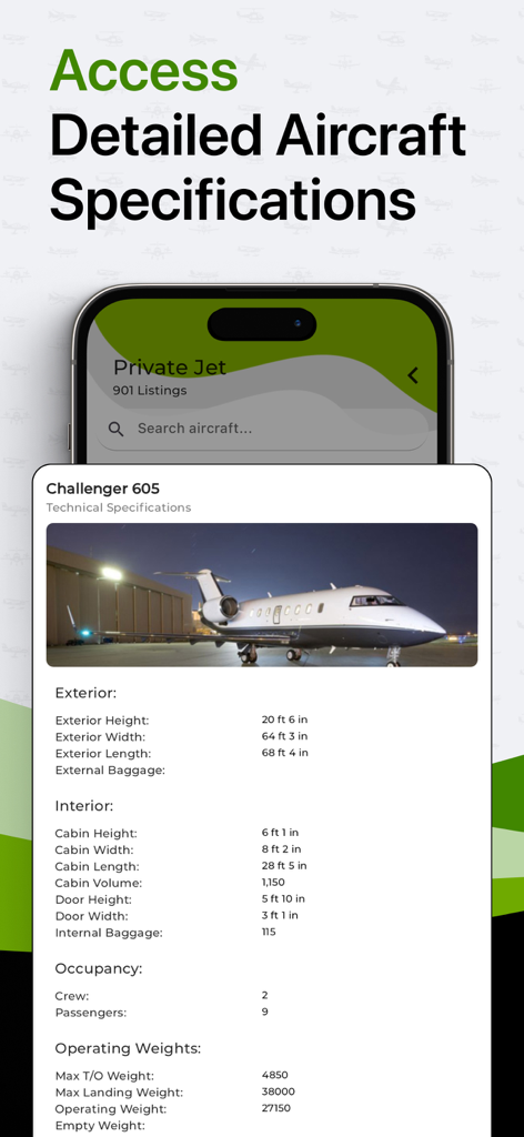 Detailed technical specifications for a private jet in the BuyPlane airplane marketplace app