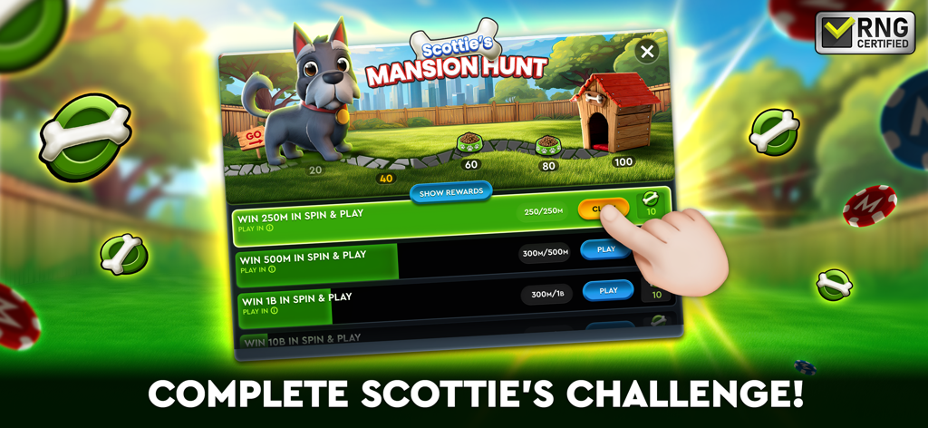 MONOPOLY Poker - Texas Holdem - A screenshot of Scotties Mansion Hunt event in Monopoly Poker app showing daily missions and progress rewards.