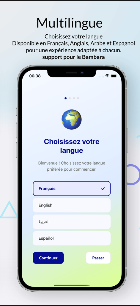 Akili - Language selection screen in the Akili app featuring options for French, English, Arabic, and Spanish with a globe icon.