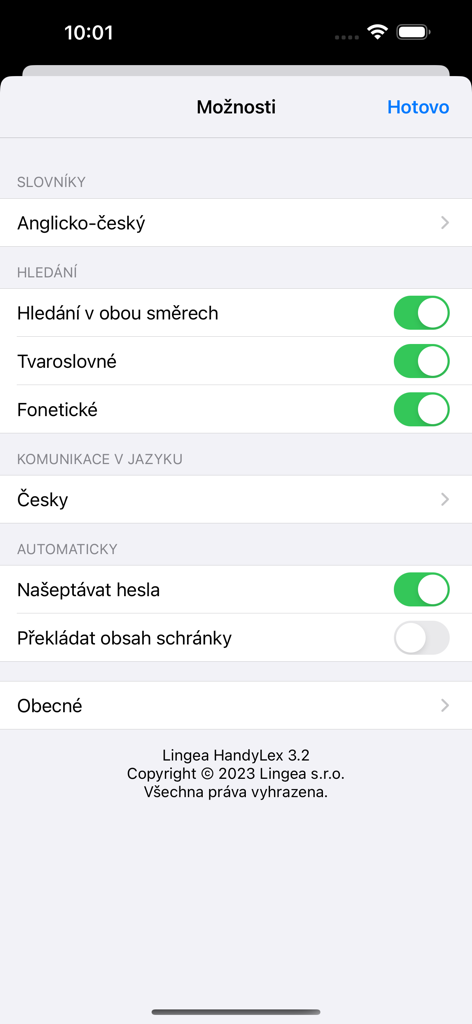 Lingea HandyLex - Settings menu of the Lingea HandyLex app showing search and translation options