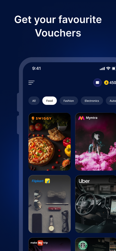 Mobile App-Bildschirm, der eine Vielzahl von Geschenkgutscheinen für Essen, Mode und Reisen zeigt, die für Mitarbeiter verfügbar sind