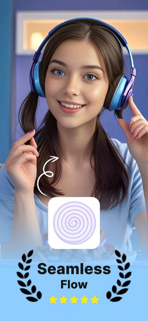 Voicechanger: clownfish voice - Young woman wearing colorful headphones with a five star rating and the seamless flow app icon