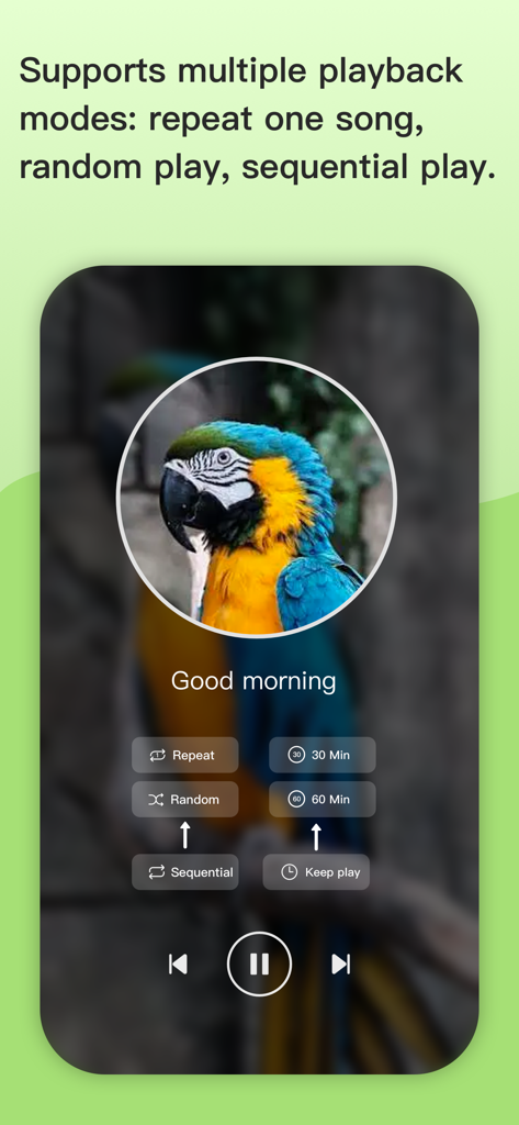 BirdTalker-Teach bird to talk - Interfaz de la aplicación BirdTalker que muestra múltiples modos de reproducción y ajustes de temporizador para enseñar a un pájaro a hablar.