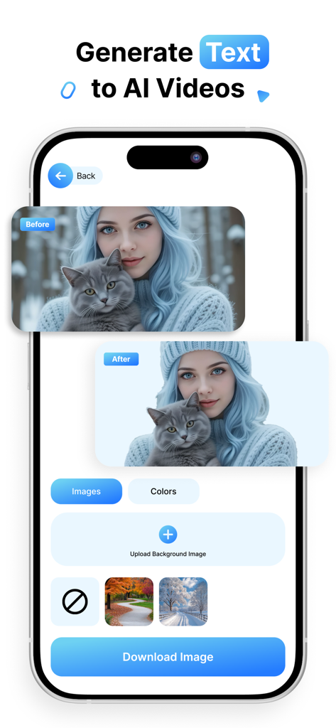 Open art ai - Uma tela de smartphone exibindo a ferramenta de edição de fundo Open Art AI com imagens de antes e depois de um retrato de uma mulher e seu gato.