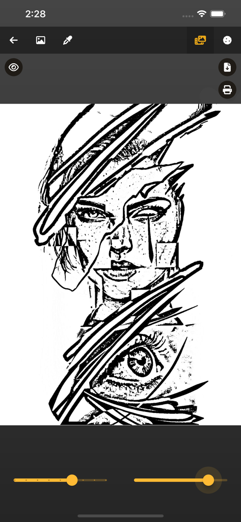 Ink Maps - Ink Maps app interface showing a black and white artistic tattoo stencil with adjustment sliders and digital editing tools