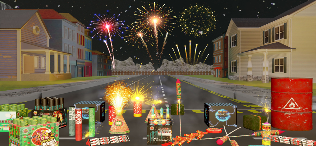 Pyrotechnic Fireworks Games 3D - 주거 거리의 밤하늘에 다양한 색상의 3D 폭죽과 불꽃놀이 폭발