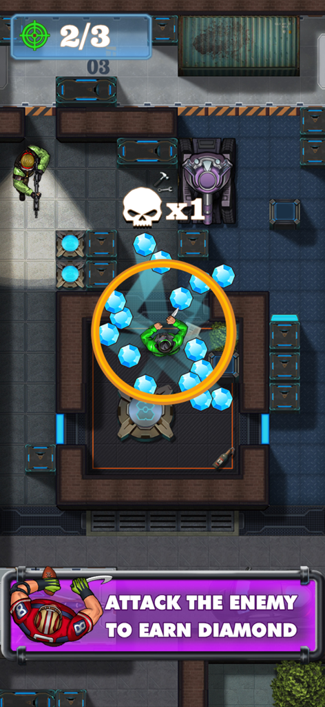 Assassin Hunter CS - Top down view of Assassin Hunter CS gameplay showing a character collecting blue diamonds after defeating an enemy while avoiding a guard flashlight