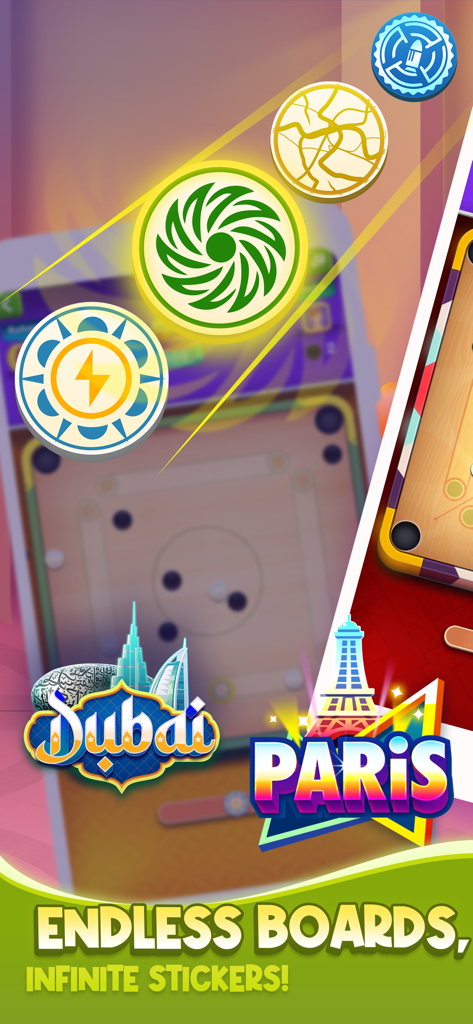 Showcase of customizable boards and strikers in the Carrom Clan mobile game featuring Dubai and Paris themes.
