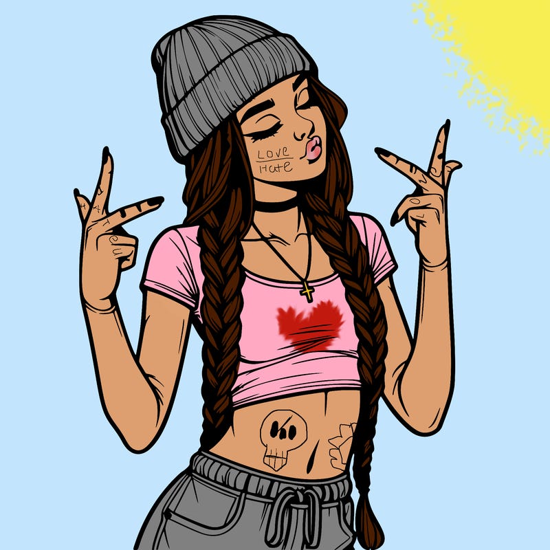 realistic teenage girl with braids and a beanie and crop top doing 🫶🏼