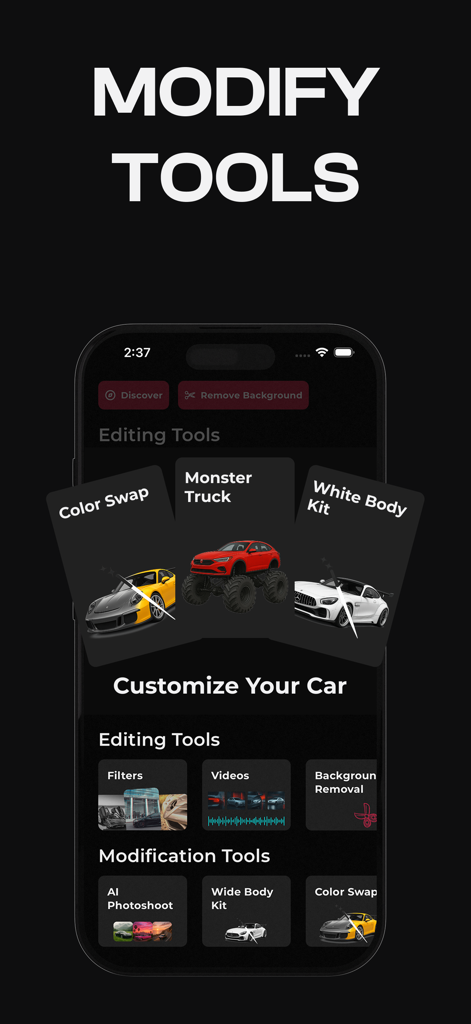 Car Editor - Customize Car - Interfaccia dell'app Car Editor con strumenti e filtri di modifica automobilistica.