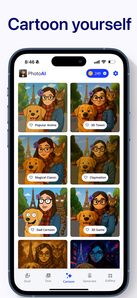 Cartoon Photo Editor: Photo AI - Smartphone screen showing the Cartoon Photo Editor app interface with various AI cartoon and anime style filters applied to a photo.