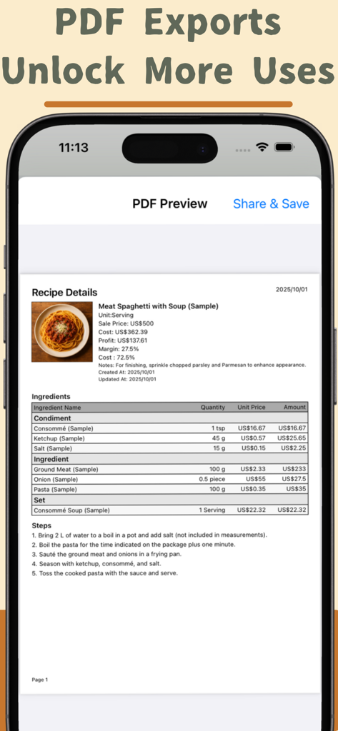 A mobile screen showing a PDF preview of a meat spaghetti recipe cost breakdown with detailed ingredient pricing and cooking steps.